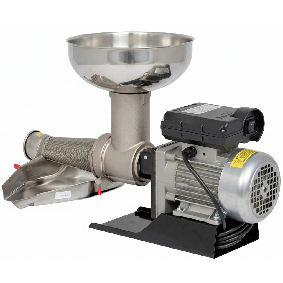 Stainless steel grinder with motor on a white background