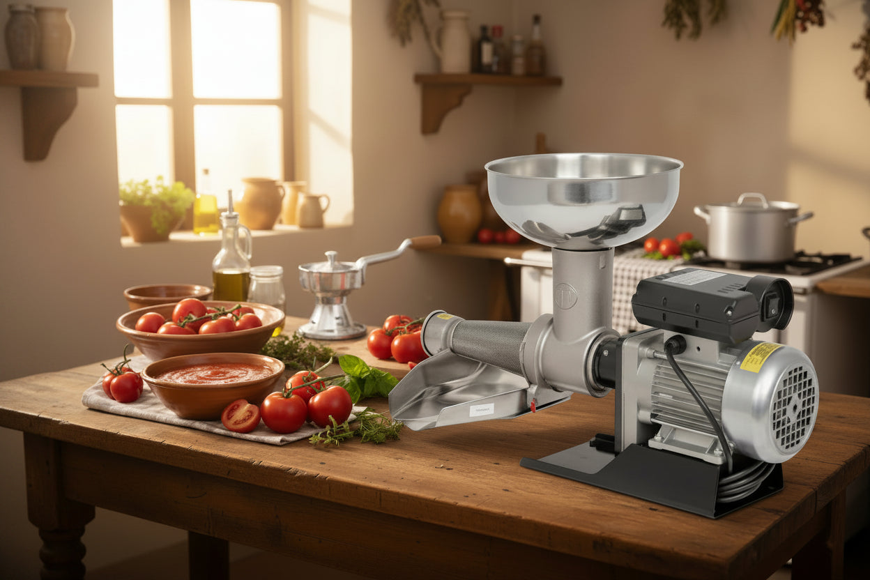 Kitchen grinder on a wooden counter with tomatoes and ingredients in the background